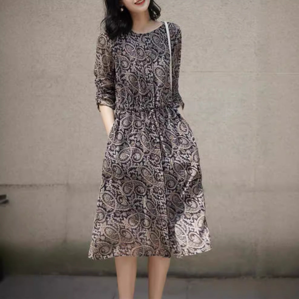 Women's Autumn Botanical Print Silk Dress - 100% Silk with Paisley Pattern and Round Neckline