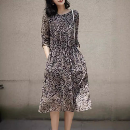 Women's Autumn Botanical Print Silk Dress - 100% Silk with Paisley Pattern and Round Neckline