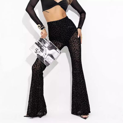 Women's Flocked Mesh High-Waisted Casual Pants - Ultra-Thin Polyester Trousers