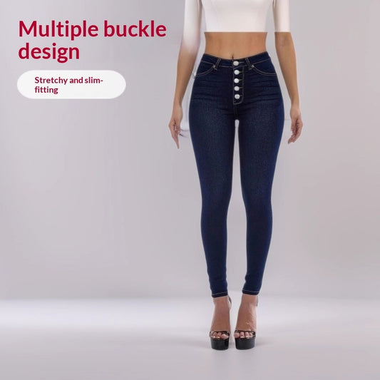 Women's High-Waisted Stretchy Multi-Button Skinny Jeans - Slim Fit Denim Pants