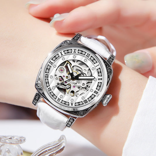 Fashion Mechanical Watch | Luminous Hands | 10m Water Resistant | Leather & Steel Strap | White, Black, Red, Steel Strip