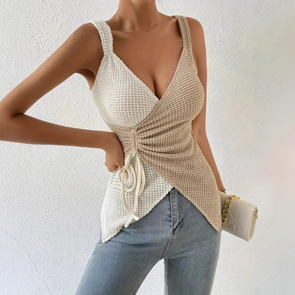 Women's Plunging Neckline Sleeveless Top - Regular Fit Casual Blouse with Shoulder Straps