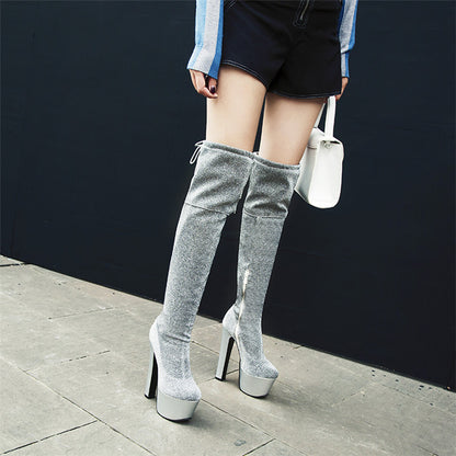 Women's Thigh High Sequined Platform Boots - Bling High Heel Long Boots