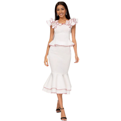 Women's Ruffled Contrast Color Two-Piece Skirt Suit