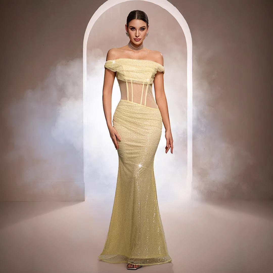 Women's Off-the-Shoulder Sequin Mermaid Evening Gown – Sleeveless Maxi Formal Dress
