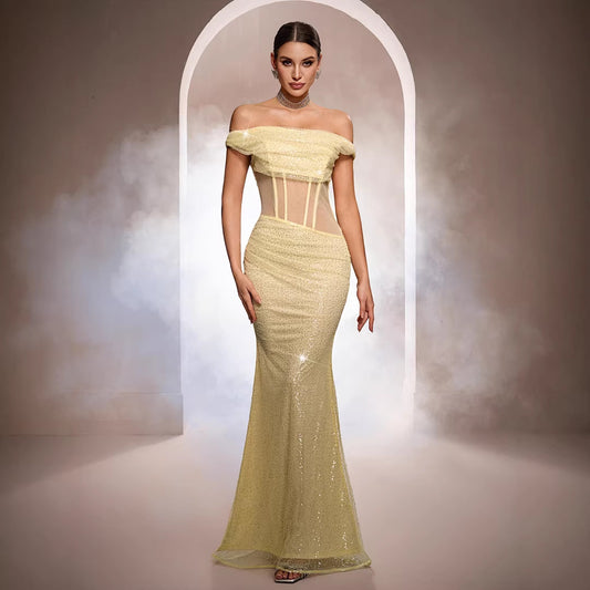 Women's Off-the-Shoulder Sequin Mermaid Evening Gown – Sleeveless Maxi Formal Dress
