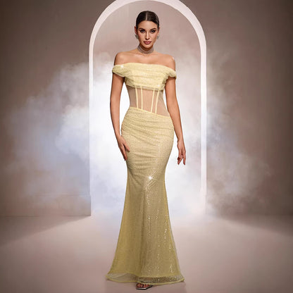 Women's Off-the-Shoulder Sequin Mermaid Evening Gown – Sleeveless Maxi Formal Dress