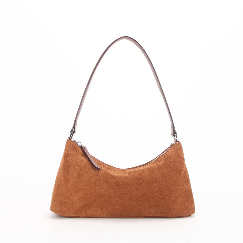 Suede Underarm Baguette Bag - Retro Matte Top-Grain Leather Shoulder Handbag
