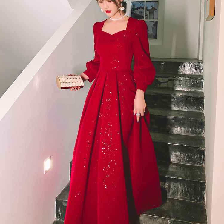 Women's Red Long-Sleeve Mid-Rise Evening Gown
