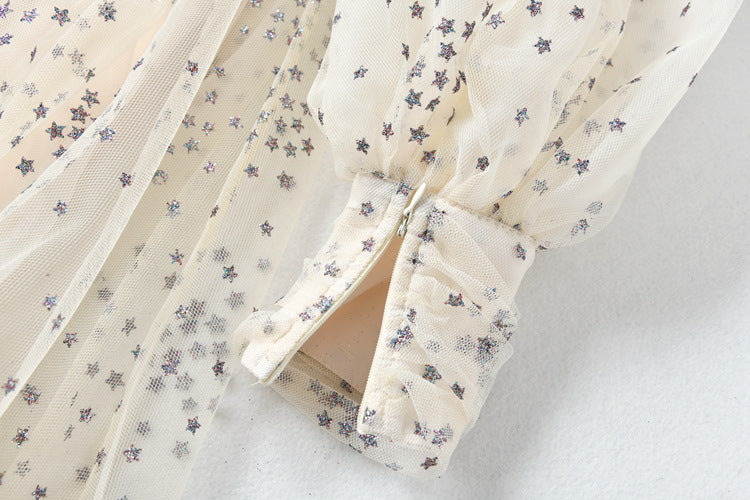 Women's Starlit Mesh Silk Wrap Dress - Shimmering Star Print Evening Dress with Metallic Accents