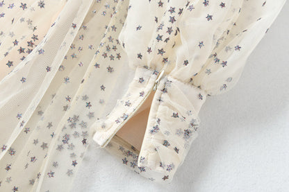 Women's Starlit Mesh Silk Wrap Dress - Shimmering Star Print Evening Dress with Metallic Accents