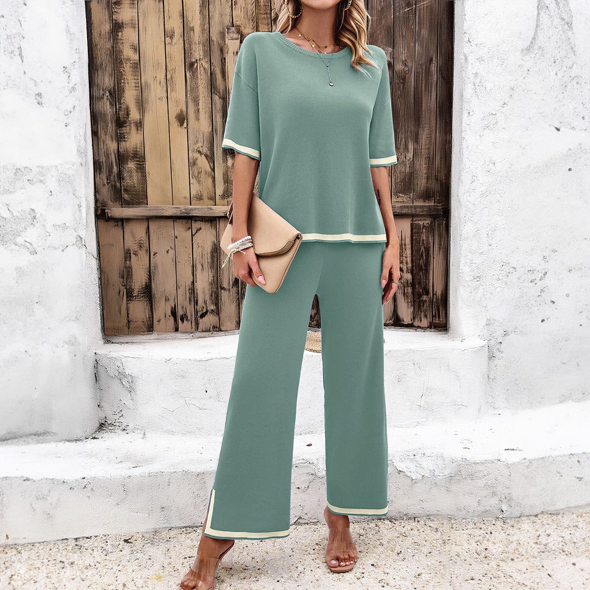 Women's 2-Piece Striped Knit Lounge Set - Short Sleeve Top and Wide Leg Pants in Ice Cool Silk