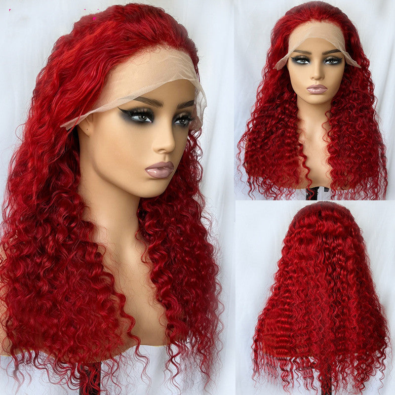 Red Deep Wave Human Hair Wig - Hand-Woven Real Hair Headpiece