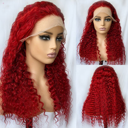 Red Deep Wave Human Hair Wig - Hand-Woven Real Hair Headpiece
