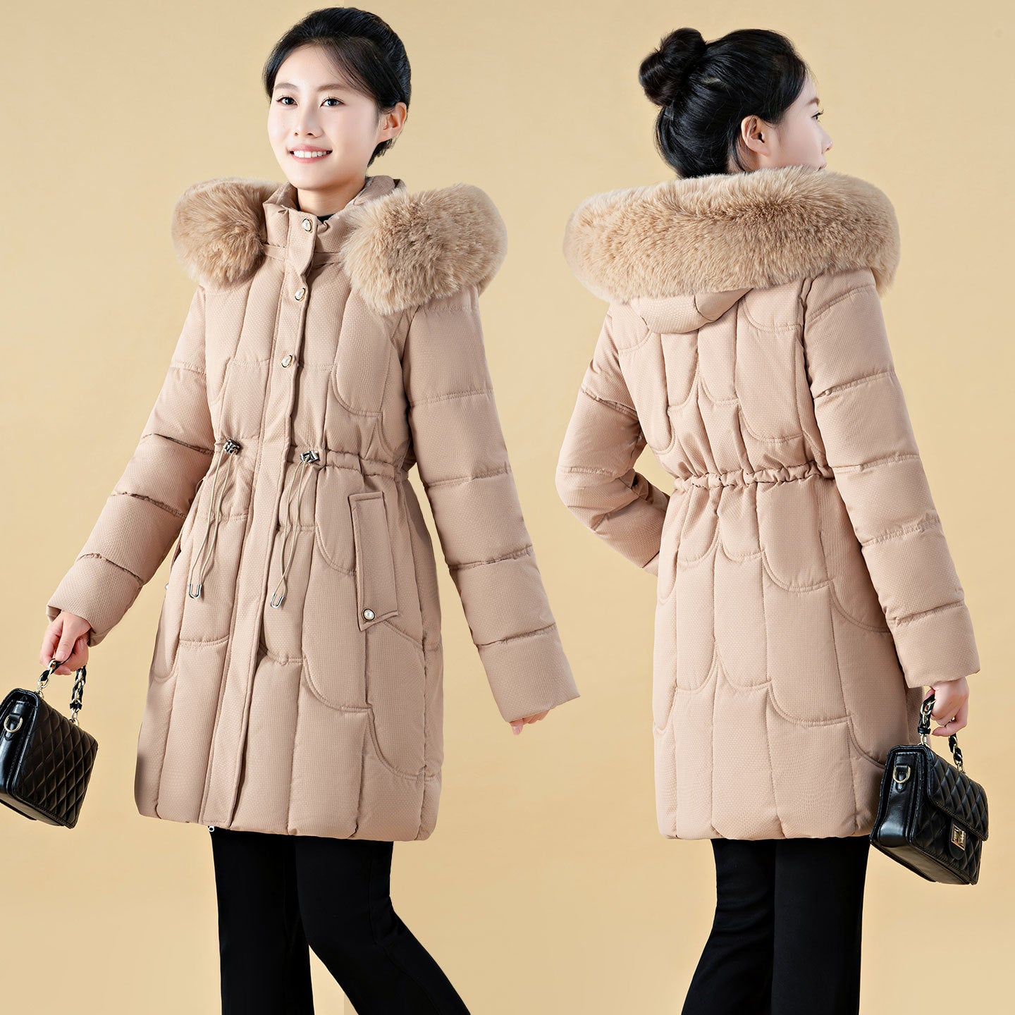 Women's Mid-Length Loose-Fit Down Padded Jacket - Elegant Commute Style with Fur Collar