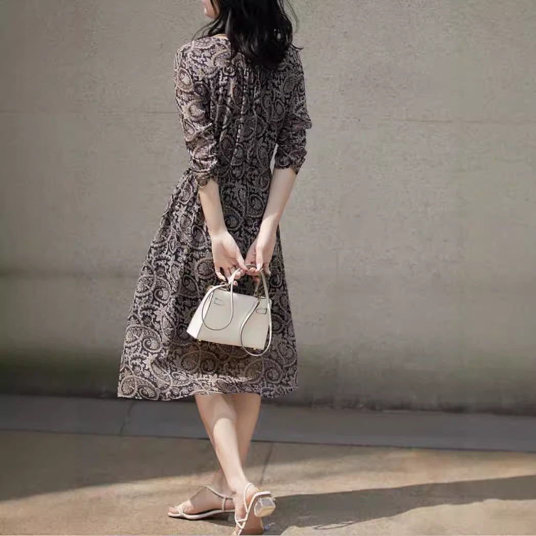 Women's Autumn Botanical Print Silk Dress - 100% Silk with Paisley Pattern and Round Neckline