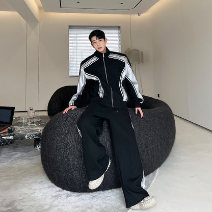 Men's Standing Collar Cardigan Hoodie Set - Cotton Blend Jacket and Pants