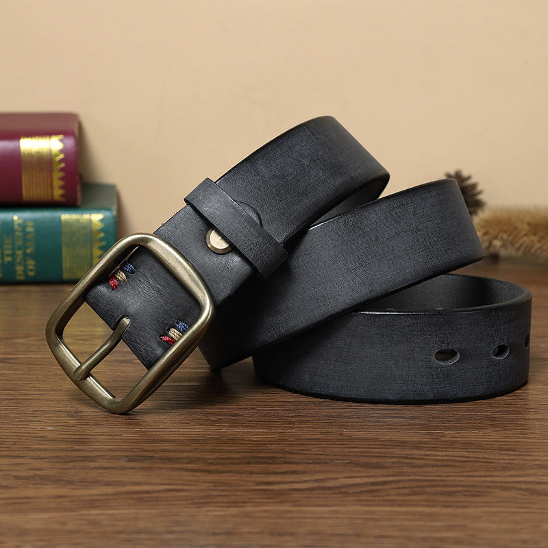 Men's Premium Genuine Leather Belt with Copper Pin Buckle - Classic Retro Style