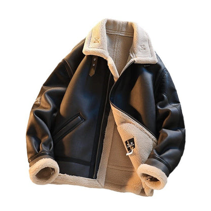Men's Winter Fleece-Lined PU Leather Jacket with Lamb Wool