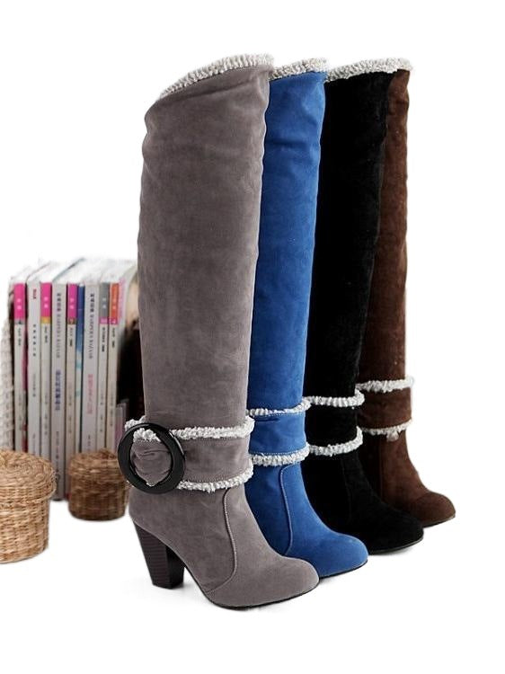High Heel Knee-High Motorcycle Boots - Buckle Detail Fashion Boots