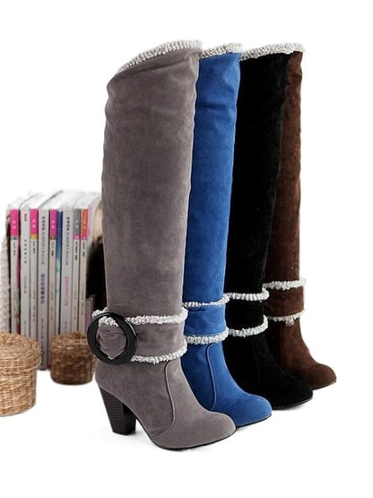 High Heel Knee-High Motorcycle Boots - Buckle Detail Fashion Boots