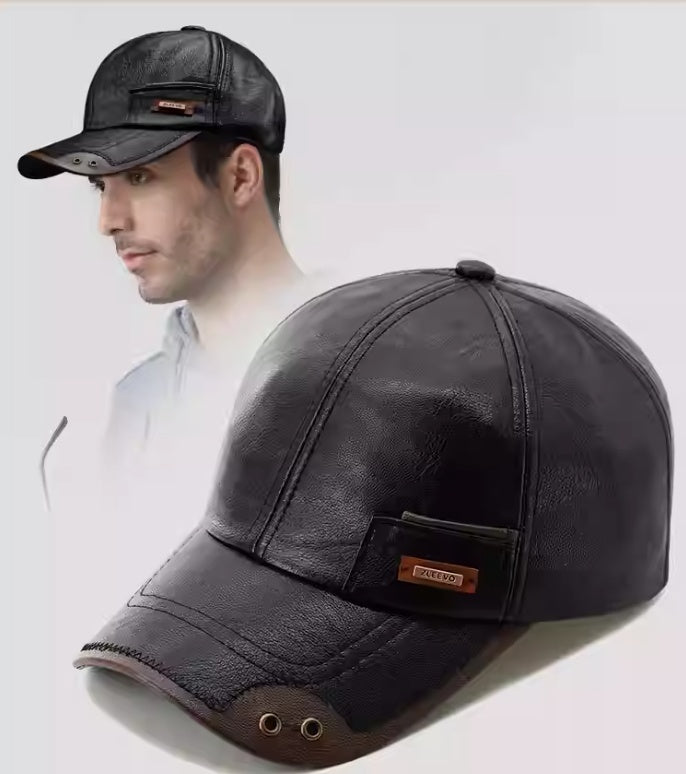 Winter Leather Fleece-Lined Baseball Cap - Warm Windproof Adjustable Hat