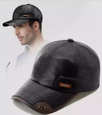 Winter Leather Fleece-Lined Baseball Cap - Warm Windproof Adjustable Hat