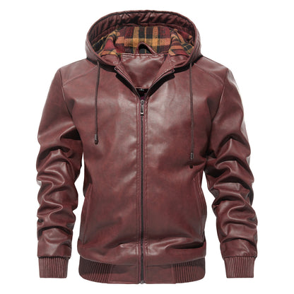 Men's Hooded Leather Jacket - Casual Zip-Up Coat