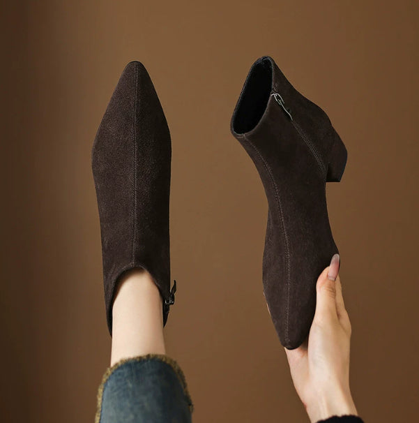 Low Heel Suede Ankle Boots - Women's Cow Suede Boots with Side Zip