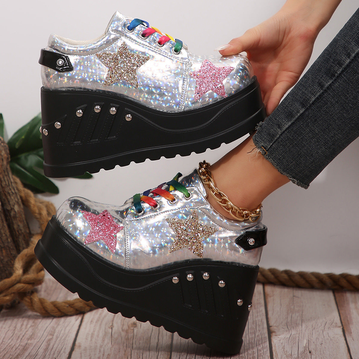 Punk Style Platform Shoes - Women's High Heel Rivet Detail Casual Shoes