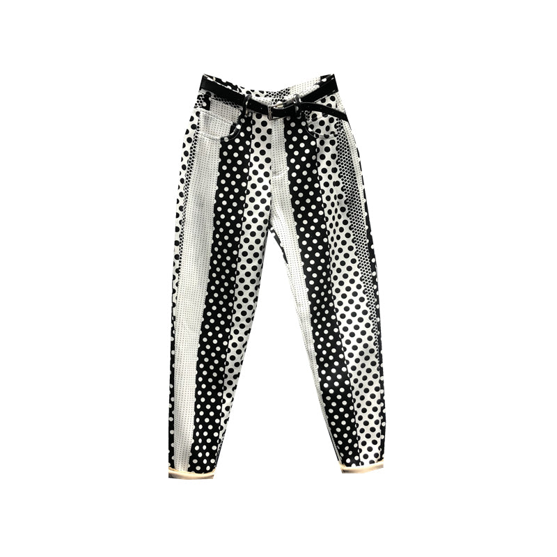Polka Dot Printed Dyed Denim Trousers - Women's Washed Full-Length Jeans