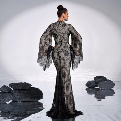 Women's Long Sleeve Round Neck Lace Bodycon Banquet Dress | Voile Overlay