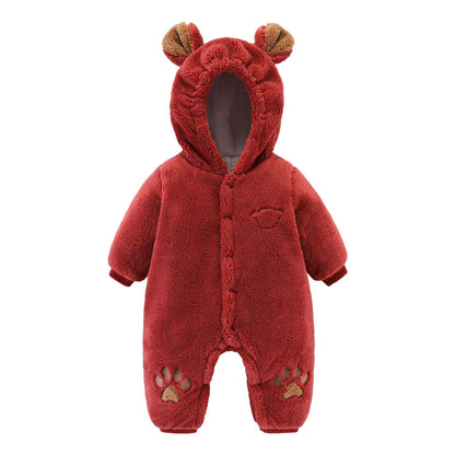 Baby Quilted Romper - Soft Rice Velvet Hooded Onesie for Newborns