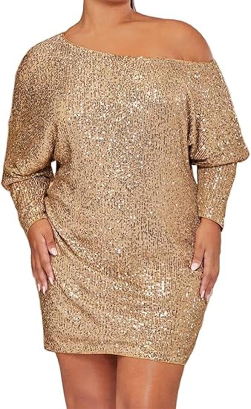 Sequined Off-Shoulder Shirt Dress - Short Sleeve Loose Pullover Long Dress