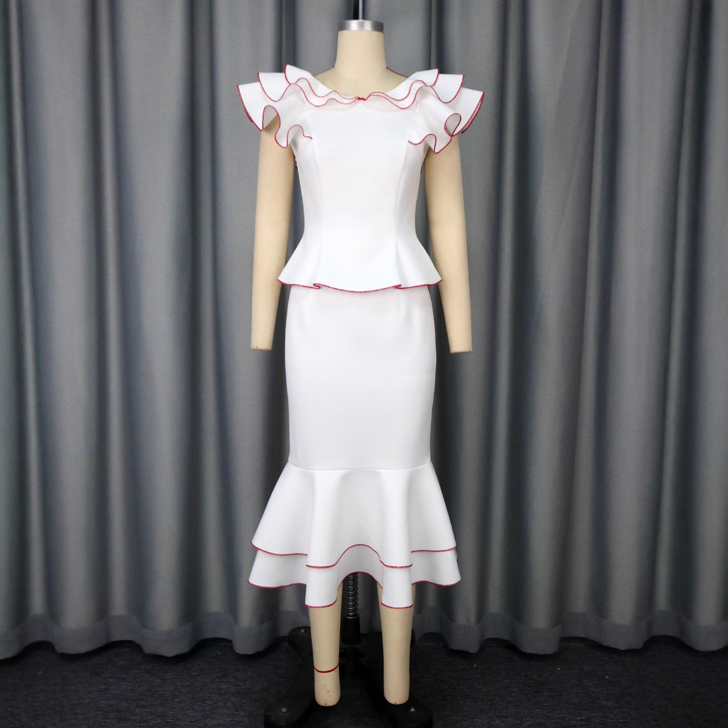 Women's Ruffled Contrast Color Two-Piece Skirt Suit
