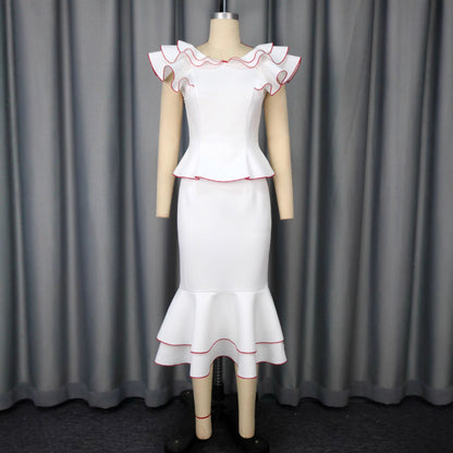 Women's Ruffled Contrast Color Two-Piece Skirt Suit
