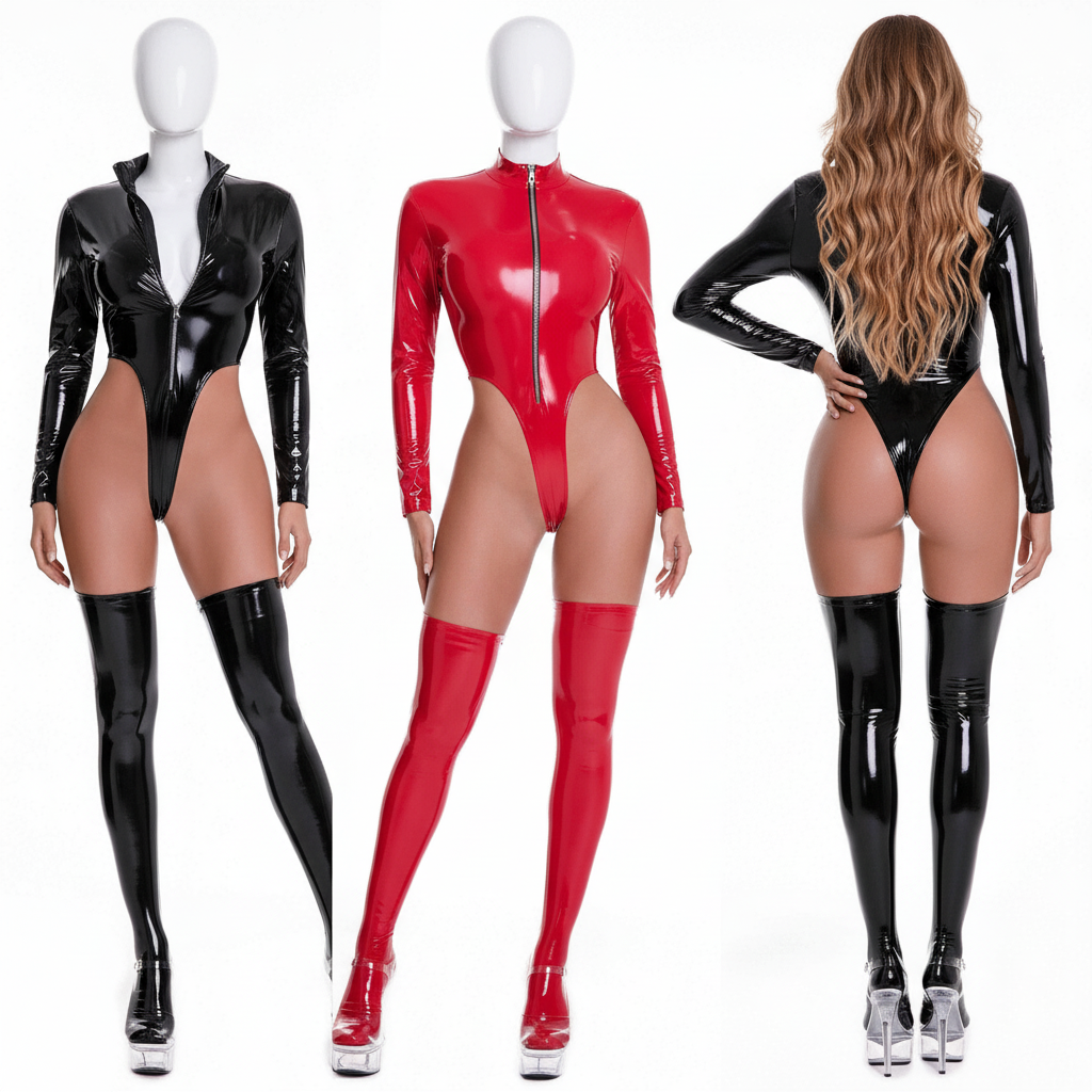 Women's Faux Leather Bodysuit - Stretch Lycra Performance Wear