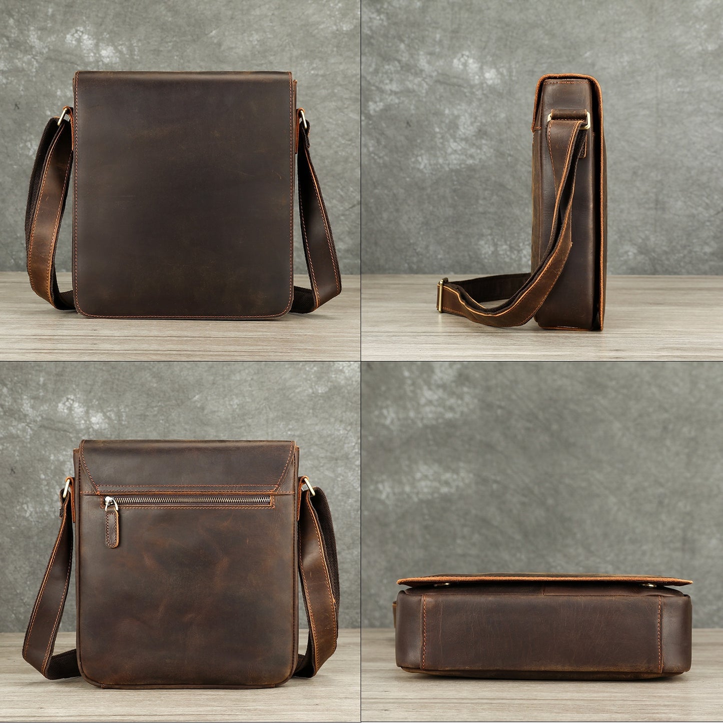 Men's Genuine Crazy Horse Leather Crossbody Bag - Retro Style