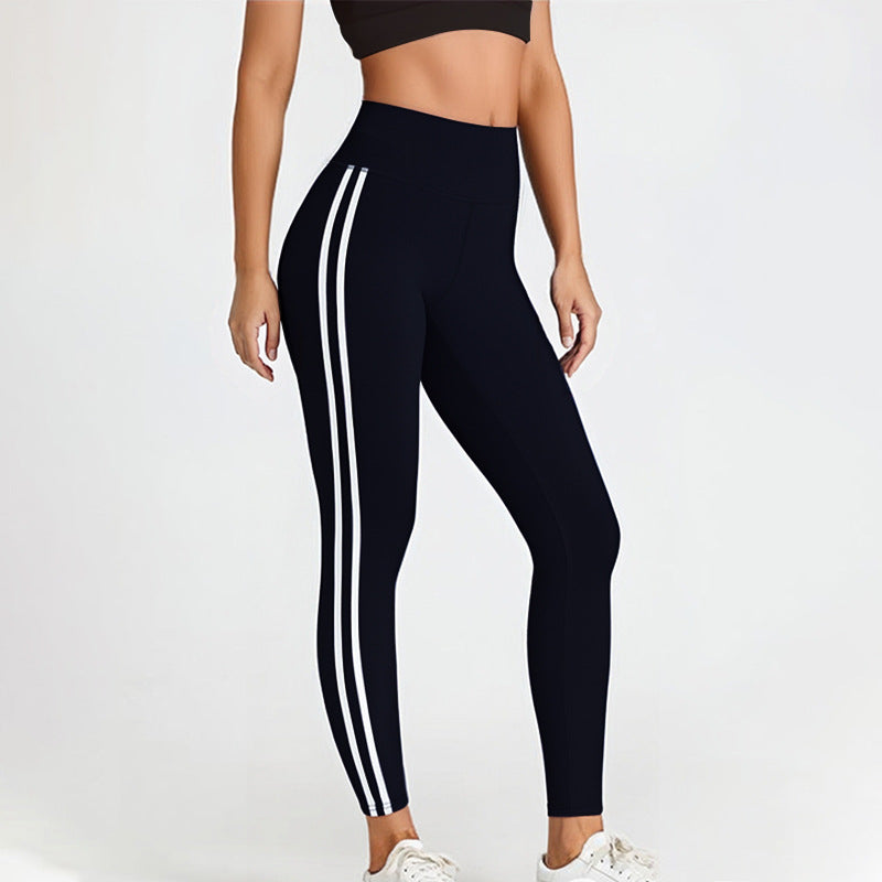 Side Striped High-Waist Hip-Lift Fitness Pants - Leisure Sport Leggings