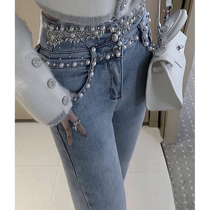 High-Rise Single-Breasted Denim Jeans - Beaded Pencil Pants with Wool Stitching