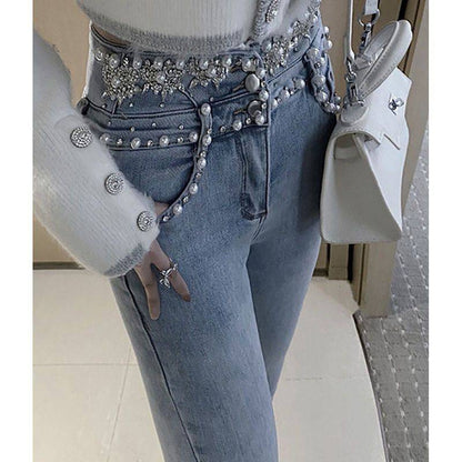 High-Rise Single-Breasted Denim Jeans - Beaded Pencil Pants with Wool Stitching