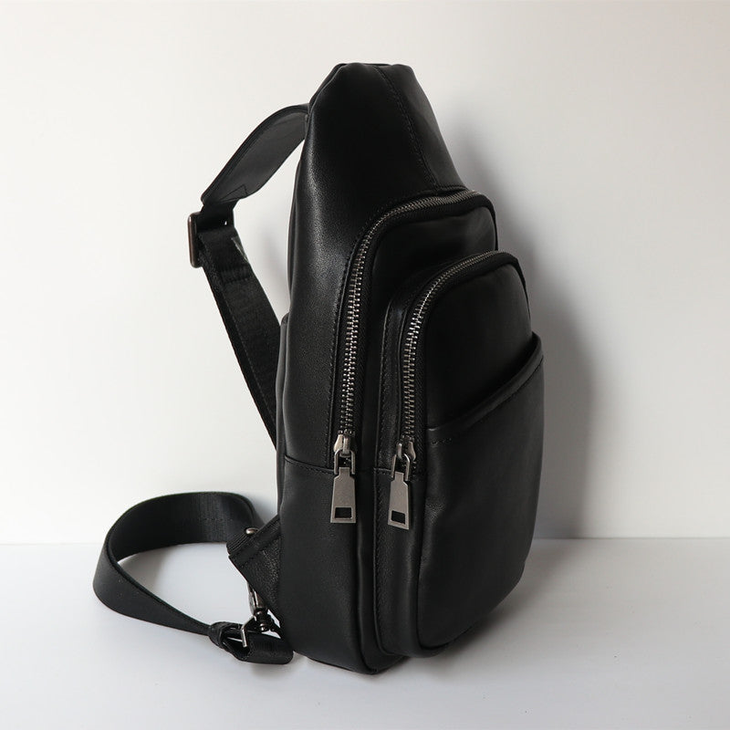 Black Top Layer Cowhide Leather Japanese Casual Chest Bag - Crossbody Sling Bag