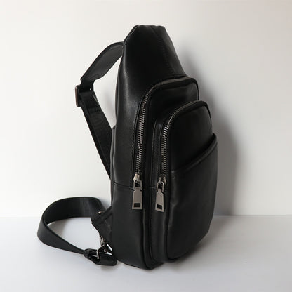 Black Top Layer Cowhide Leather Japanese Casual Chest Bag - Crossbody Sling Bag