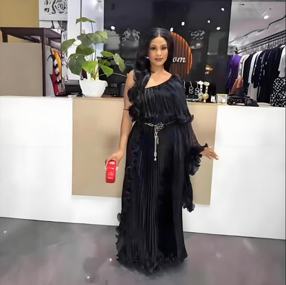 Women's One-Shoulder High-Waist Maxi Dress - Polyester Long Evening Dress in Black, Khaki, Pink & White