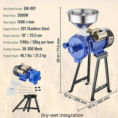 Commercial Grain Mill - 3000W Dry and Wet Corn Grinder for Spices, Coffee, Herbs