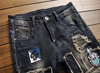 Mid-Waist Ripped Patch Stretch Jeans - Men's Tapered Denim Trousers