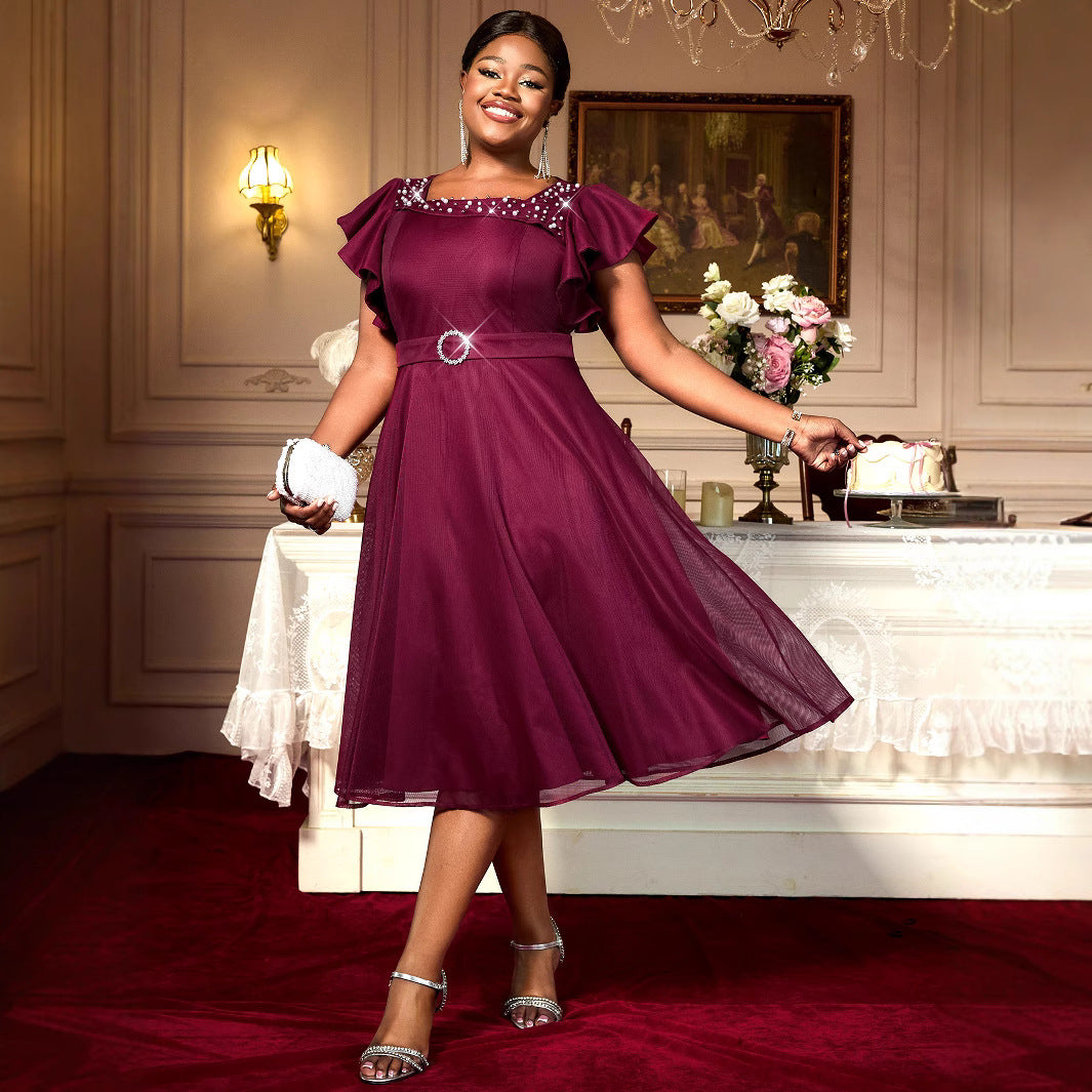 Women's Mesh Butterfly Sleeve Ruffle A-Line Midi Dress | Party & Wedding Guest