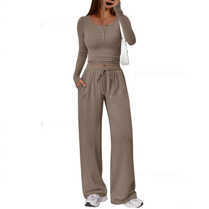 Women's Comfortable Casual Long-Sleeve Wide-Leg Pants Set - Japandi Style Pleated Top with Polyester