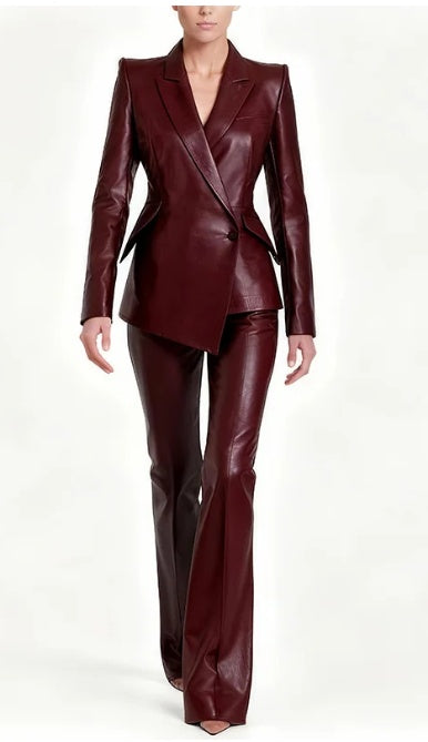Women's Burgundy Leather 2-Piece Suit Set