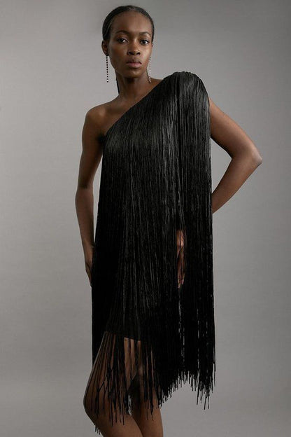 Sleeveless Asymmetric Tassel Midi Dress | Mid-Rise Party Dress
